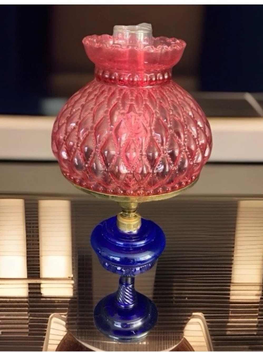Stunning Gone With The Wind Cobalt Blue Hurricane Lamp w/ Cranberry shade.